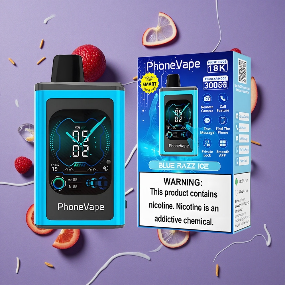 JNR PhoneVape 30000 puffs Blauwe Framboos IJs Type-C Oplaadbaar Volledig Scherm