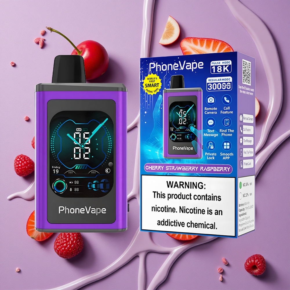 JNR PhoneVape 30000 puffs Kers Aardbei Framboos Type-C Oplaadbaar Scherm